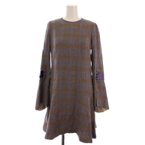 ウール チェック フレアスリーブ ワンピース ひざ丈 長袖 2 紫 MM17AW-DR048 /BM