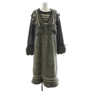 セットアップ ニットワンピース ミモレ ロング 長袖 F 黒 ブラック 白 ホワイト /AN79