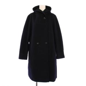 ウールアンゴラビーバーフーデッドコート アウター ロング丈 ダブル ワンカラー フード 42 紺 ネイビー