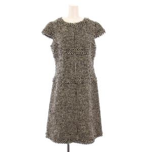 フレアワンピース ひざ丈 半袖 クルーネック ツイード 千鳥格子 バイカラー ウール モヘヤ混 38 黒