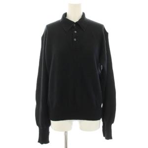 ニットポロシャツ 長袖 カシミヤ 絹 シルク混 L 黒 ブラック /YT