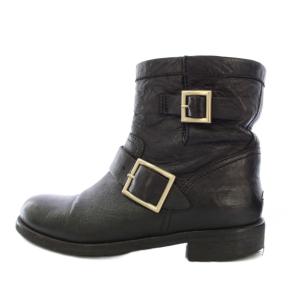 ショートブーツ ラウンドトゥ ローヒール レザー ベルト 36.5 黒 ブラック /BB