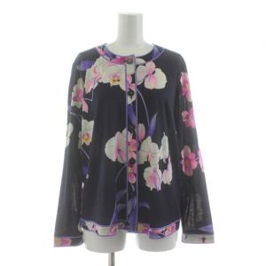 FASHION カーディガン 長袖 クルーネック 花柄 ウール シルク混 L 紺 ネイビー ピンク 白