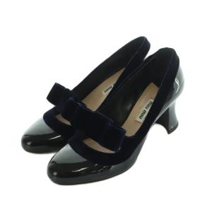 パンプス チャンキーヒール リボン 35.5 22.5cm 黒 紺 /MI