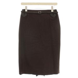 ベルト付き ウール スカート ひざ丈 タイトスカート 36 茶 ブラウン /G