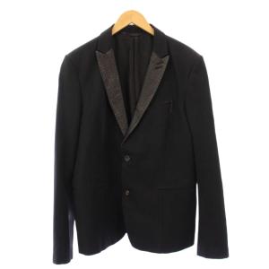 テーラードジャケット ブレザー アウター シングル 総裏地 レザー 切替 ウール混 XL 黒 ブラック