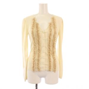 ニットカーディガン 長袖  Vネック ストレッチ フリル 装飾 I38 アイボリー /BB