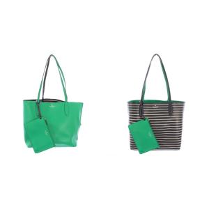 アヴァ リバーシブルトートバッグ ハンドバッグ レザー 牛革 ボーダー柄 ロゴ 緑 グリーン 紺 ネイビー