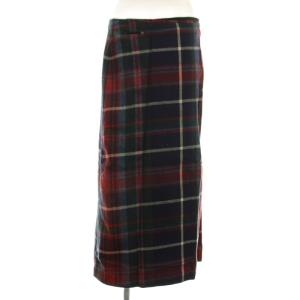 ラップスカート ロング チェック柄 ウール スカート 3 ネイビー 赤 /G