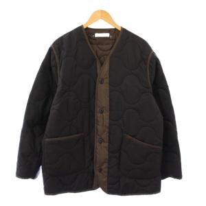 キルティングジャケット 中綿 ノーカラー アウター ナイロン Vネック バイカラー L 黒 ブラック 茶