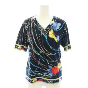 ファッション FASHION カットソー ブラウス Vネック 半袖 花柄 宝石柄 ドット柄 L 紺 ネイビー
