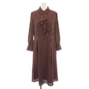 ラインドットワンピース ひざ丈 長袖 ラッフル タグ付き 4 ワイン 白 ホワイト K1J06-621