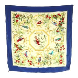 RAMAGE カレ90 スカーフ シルク 総柄 青 ベージュ マルチカラー /MI OH