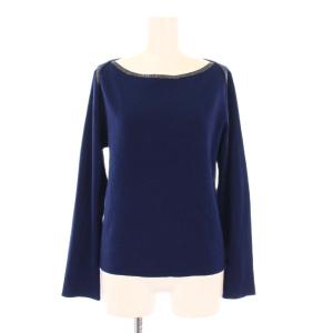 25AW ステップビジューボートネックプルオーバー ニット 長袖 ストレッチ ウール 装飾 38 紺 ネイビー