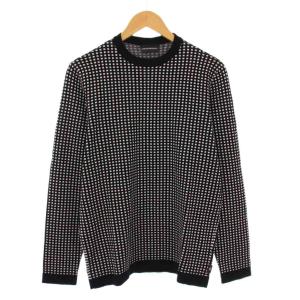 ニット セーター 長袖 クルーネック ストレッチ バイカラー 総柄 M 黒 ブラック 白 ホワイト /BB