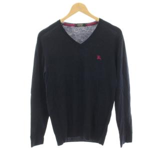 ニット セーター ウール 2 紺 ネイビー Vネック 長袖 ロゴ刺繍 /HN