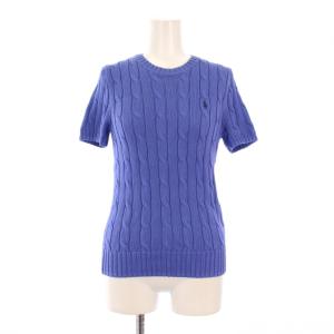 ニット 半袖 クルーネック ロゴ 刺繍 ワンカラー S 青 ブルー /BB
