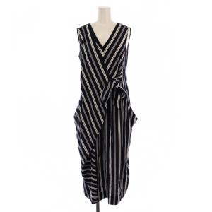 ワンピース ロング ノースリーブ Vネック ストライプ柄 リボン 38 白 紺 /BM