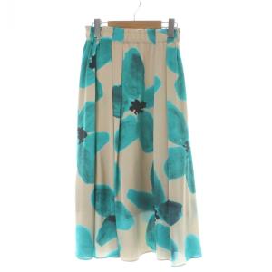 フレアースカート 34 ベージュ 青 ブルー 花柄 ロング丈 ギャザーウエスト /AP