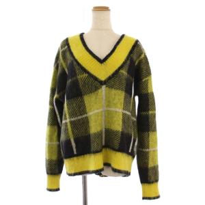 22AW ニット セーター 長袖 Vネック チェック柄 モヘヤ アンゴラ 36 黄 黒 0322443202