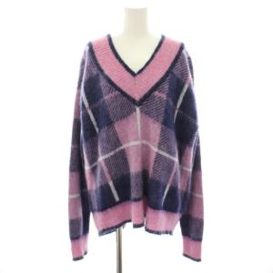 22AW チェックシャギーニットトップ セーター Vネック 長袖 モヘヤ混 アンゴラ混 36 紺 ネイビー