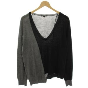 ニット カットソー ウール M 黒 ブラック グレー Vネック 長袖 バイカラー /HN