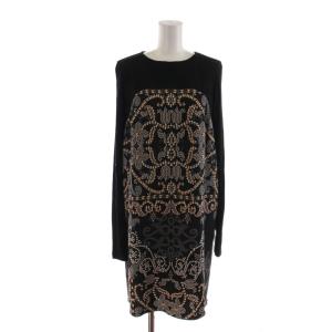 ワンピース ひざ丈 長袖 42 黒 ブラック 総柄 /RR