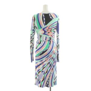Emilio Pucci ワンピース ミモレ ロング 長袖 総柄 シルク混 絹 F36 マルチカラー ピンク 白 ホワイト 黒 ブラック