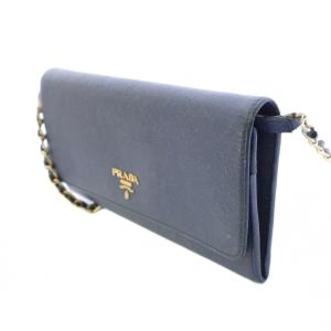 PRADA 長財布 ショルダーウォレット ロング 二つ折り レザー チェーン ロゴ ワンポイント 紺 ネイビー /BB