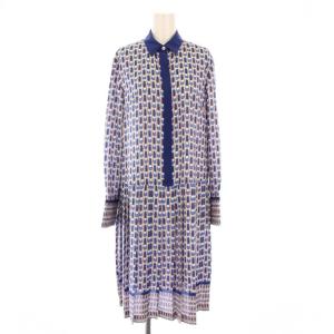 25SS 幾何プリントプリーツワンピース シャツ ブラウス ミモレ ロング 長袖 レギュラーカラー 総柄