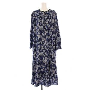 バロックプリントワンピース フレア マキシ ロング 長袖 クルーネック 総柄 38 青 ブルー 紺 ネイビー