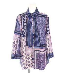 パッチワーク柄プリントリボンタイカットソー シャツ ブラウス 七分袖 4 青 30-31-32-623