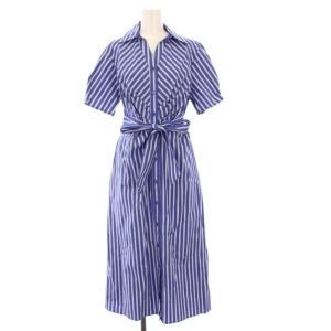 ストレッチストライプタックワンピース 半袖 ロング 3 青 30-31-54-613 /KH