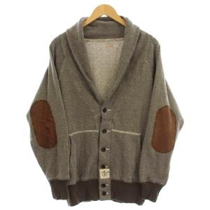 ニット カーディガン ヘリンボーン柄 エルボーパッチ 裏起毛 M 茶 ブラウン /G