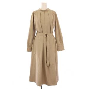 フレアワンピース ミモレ ロング 長袖 クルーネック ワンカラー ベルト F ベージュ タグ付き /BB