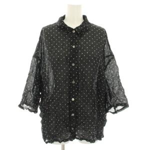 ドットプリントキャッチワッシャーシャツ ブラウス 七分袖 シアー ドット柄 シワ加工 黒 ブラック 白
