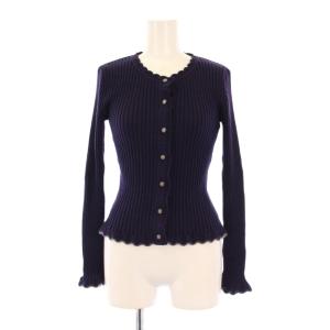 ニットカーディガン リブ 長袖 フラワーカット ウール 34 紺 ネイビー /BB
