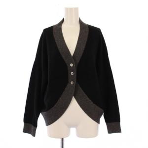 ニットカーディガン 長袖 Vネック カシミヤ ウール混 バイカラー L 黒 ブラック グレー /BB