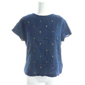 シャツ ブラウス 2 ネイビー 花柄刺繍 半袖 クルーネック /NS