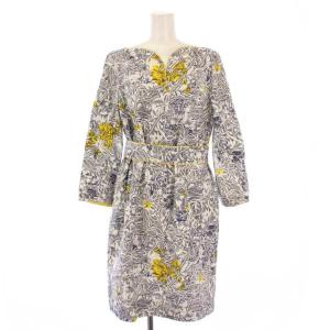 ワンピース ひざ丈 長袖 ボートネック ベルト 総柄 42 紺 ネイビー 白 ホワイト 黄色 イエロー