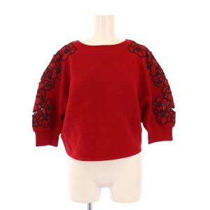 ニット 七分袖 ボートネック 花柄 刺繍 バイカラー ストレッチ 40 赤 レッド 黒 ブラック /BB