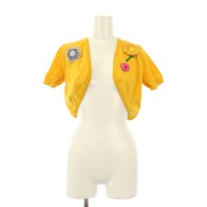 COUTURE ニットカーディガン 半袖 前開きトッパー ショート丈 ブローチ 装飾 シルク混 40 黄色