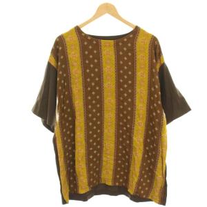 Tシャツ カットソー F 茶 ブラウン マスタードイエロー ストライプ 総柄 五分袖 /HN
