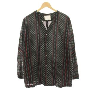 ノーカラーシャツ カジュアルシャツ Vネック 総柄 長袖 2 黒 ブラック VR20SS-AN-CD02