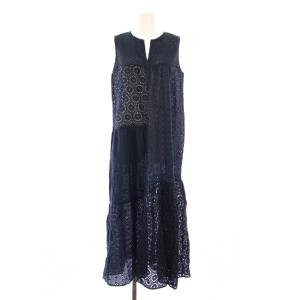 アイレットミックスマキシワンピース フレア マキシ ロング ノースリーブ スキッパー ワンカラー S 紺