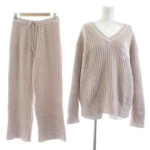 HOME Vネックニットプル&ロングパンツ セットアップ 長袖 ロゴ刺繍 ルームウェア F ピンクSHNO235017
