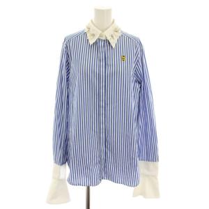 ストライプシャツ クレリックシャツ ブラウス 長袖 ビジュー ビーズ 装飾 蜂柄刺繍 38 サックスブルー