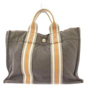 HERMES フールトゥPM ハンドバッグ キャンバス ストライプ柄 グレー /BB OH