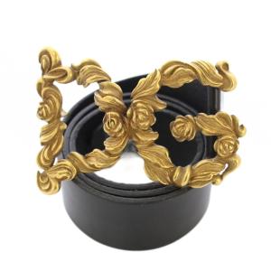 バックルベルト ロゴ レザー バイカラー 85cm 黒 ブラック ゴールドカラー /BB