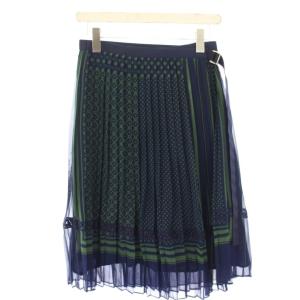 ラップスカート 巻き プリーツ フレア ひざ丈 総柄 バイカラー 1 紺 ネイビー 緑 グリーン /BB